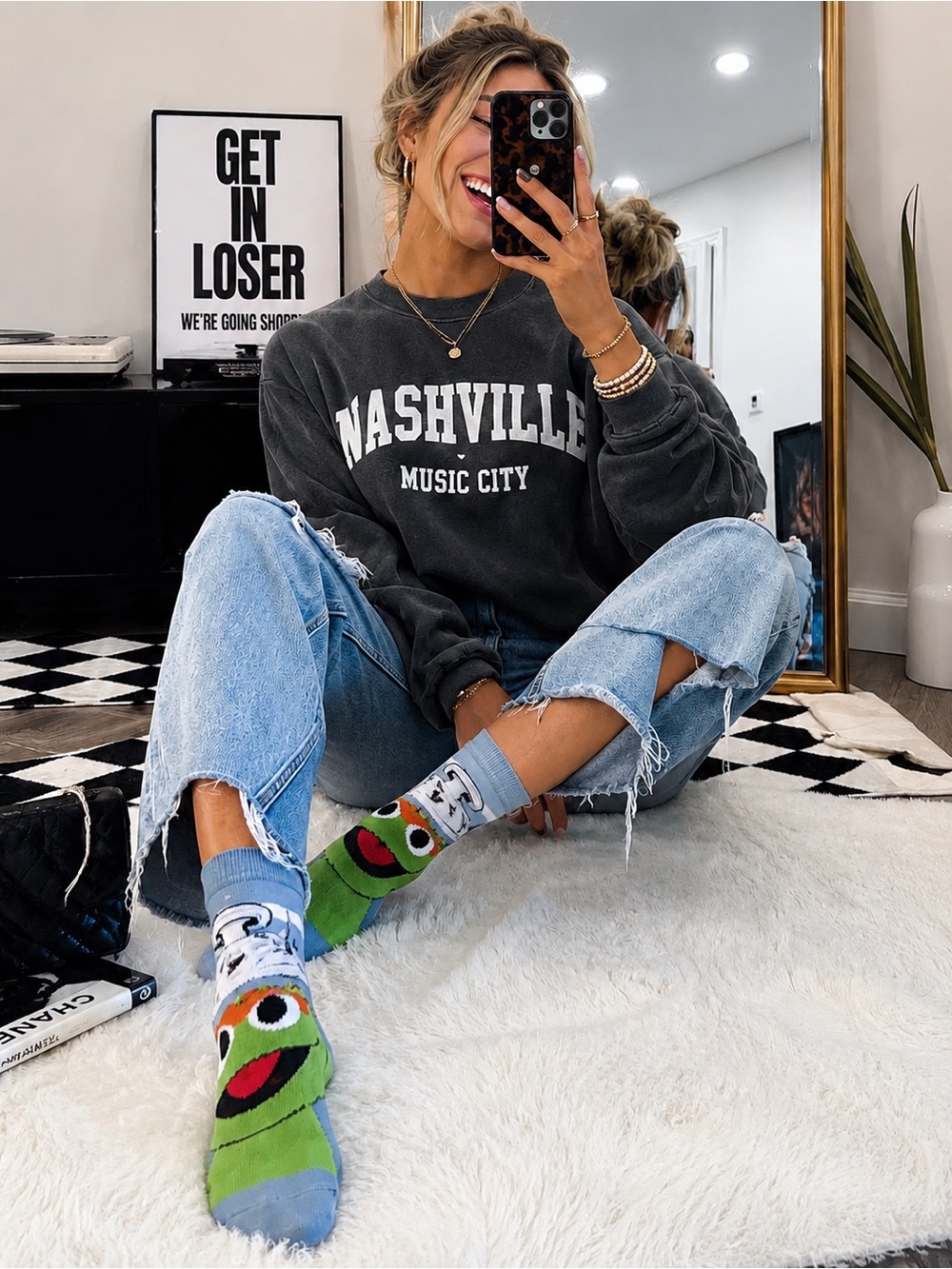 Sesame Street Women’s Boyfriend Jeans Outfit with Green Character Socks